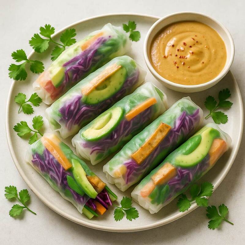 Bunte Fr&uuml;hlingsrollen mit Erdnuss-Dip 