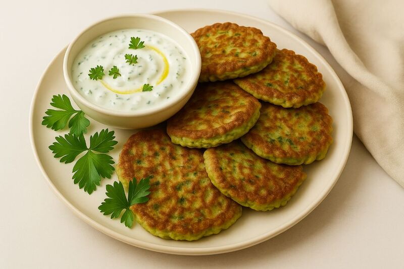 Zucchini-Puffer mit Knoblauch-Dip