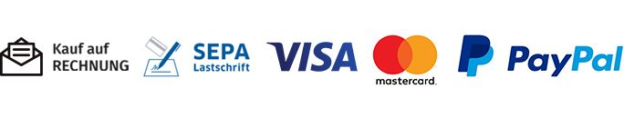 Die Zahlungsarten Kauf auf Rechnung, SEPA Lastschrift, Visa, Mastercard und PayPal werden angeboten