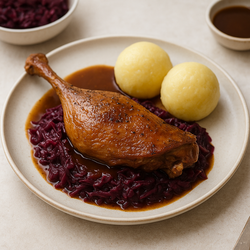 Gebratene G&auml;nsekeule mit Rotkraut